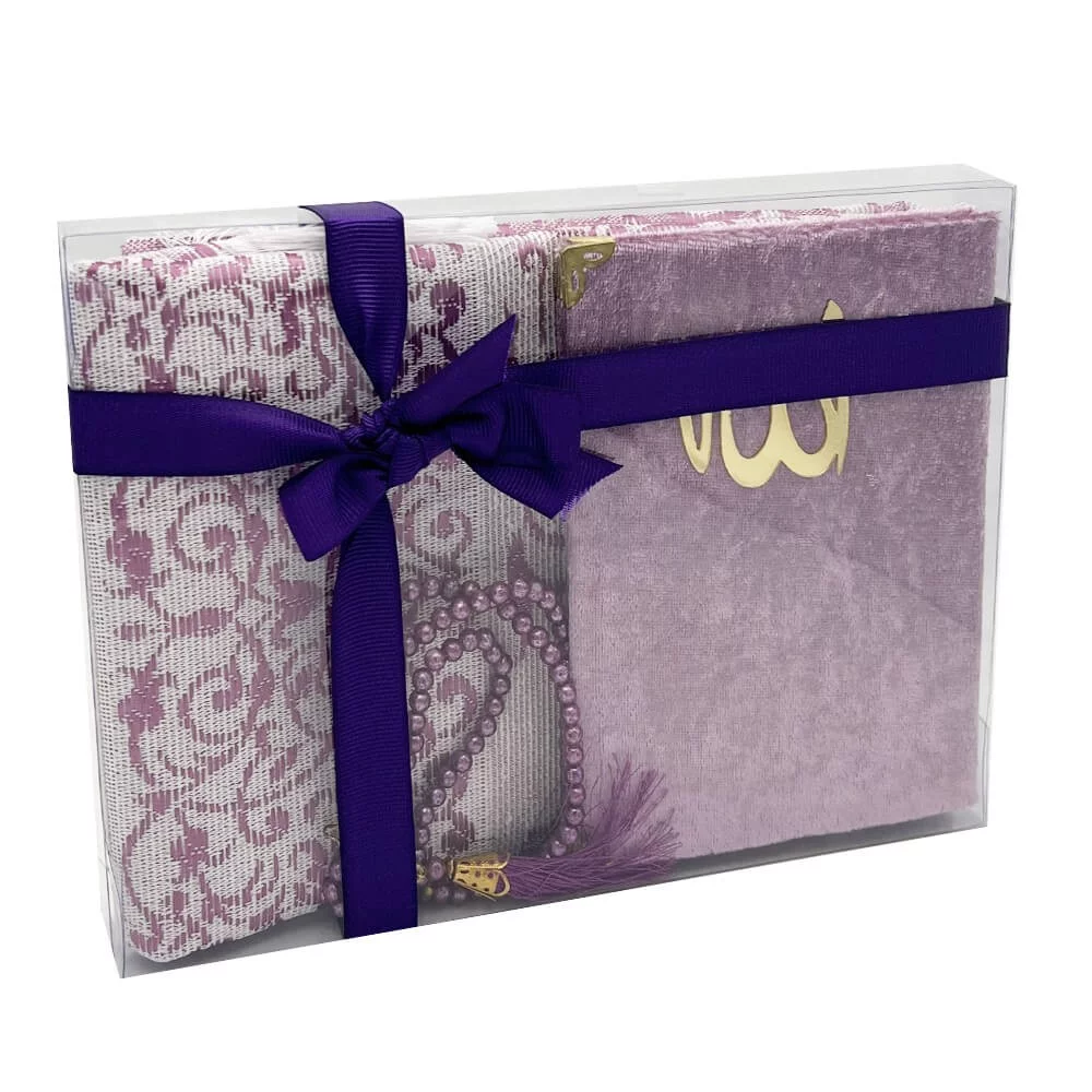 Coffret Cadeau : Livre de sourates, Tapis de prière, Chapelet violet